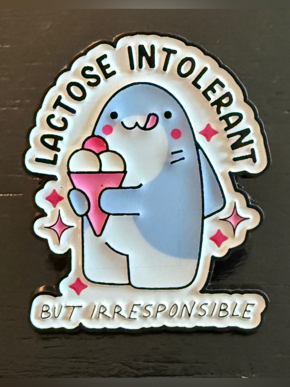 New LACTOSE INTOLERANT But Irresponsible Shark Funny Pin Badge Kawaii Funny Gift